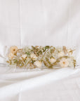 White and green wedding flowers fill a 13x4 inch display tray made out of resin by the Pressed Bouquet Shop.