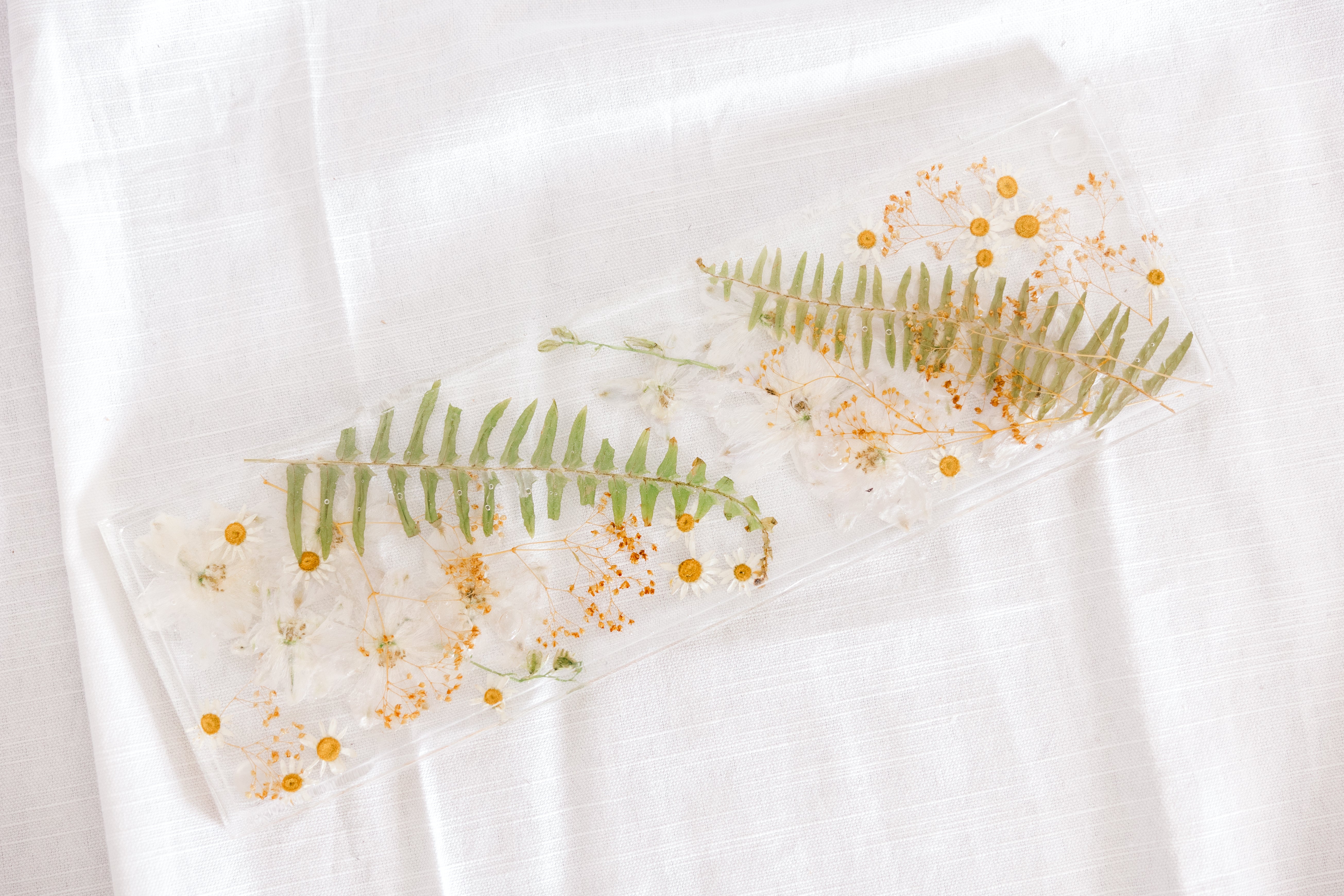 White, green, and yellow flowers pressed and preserved in a display trade made out of resin. 