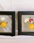 Two boutonnieres pressed and preserved in 6x6" black wood frames.