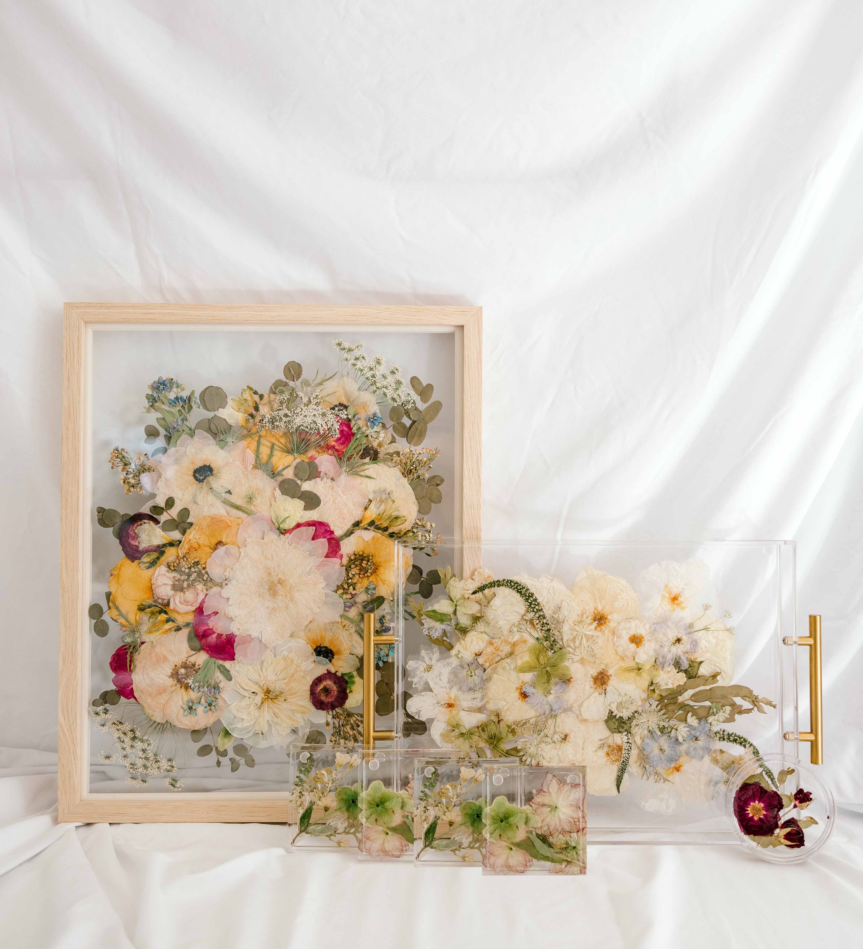 The Works Bundle with a Natural Wood frame, rectangle serving tray, square coasters, and circle ring dish.