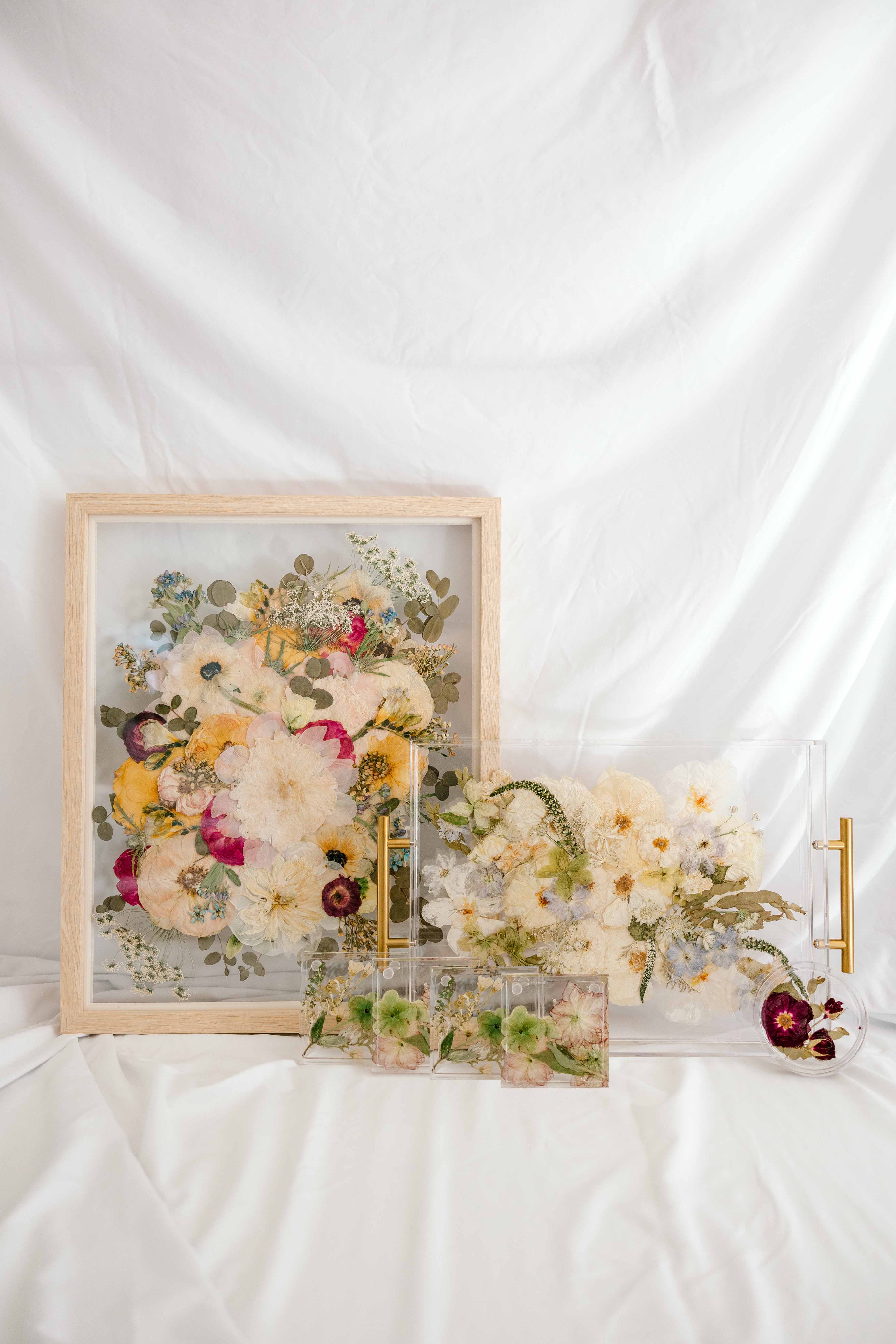 The Works Bundle with a Natural Wood frame, rectangle serving tray, square coasters, and circle ring dish.