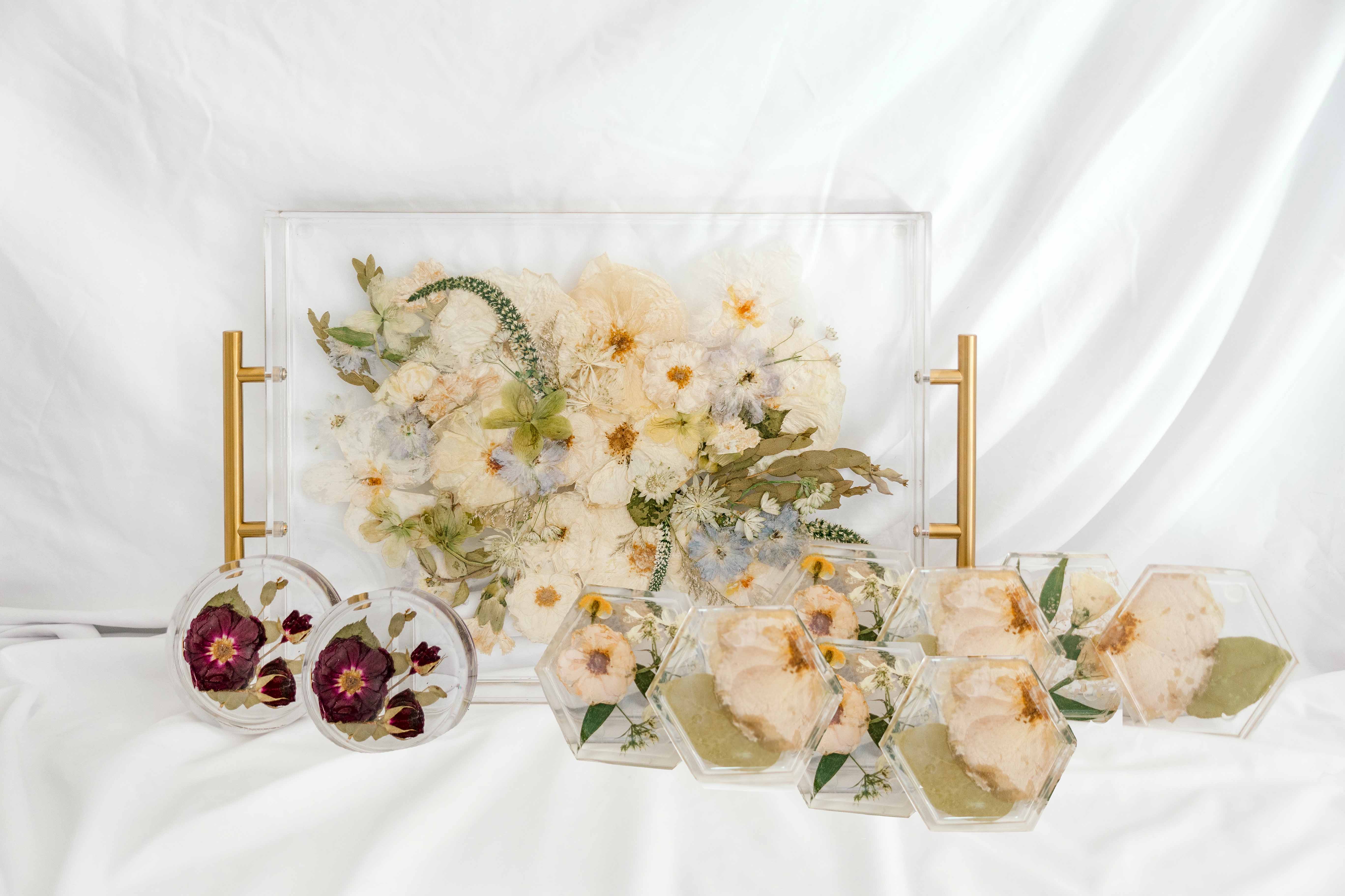 Functional Floral Bundle with rectangle serving, hexagon coasters, and circle ring holders.