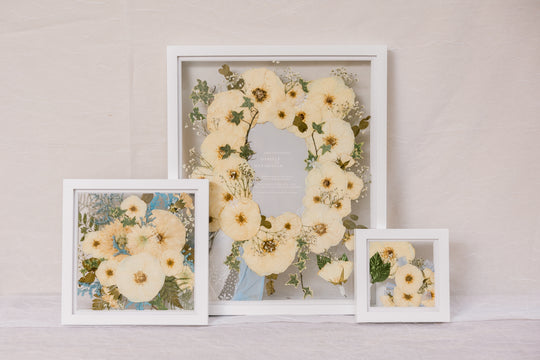 The Gallery pressed flower frame bundle deal featuring white wood frame and additions