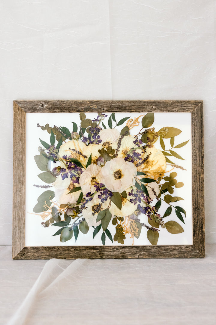 Barn wood standard frame with pressed bouquet in burst style horizontal