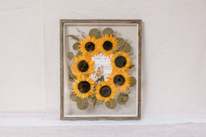 Pressed wedding sunflower barn wood frame with wedding invite addition in 16x20 frame
