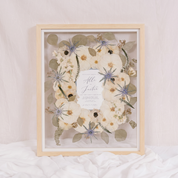Natural Wood - 16x20 | Pressed Bouquet Frame with Invitation and Glass Float Background