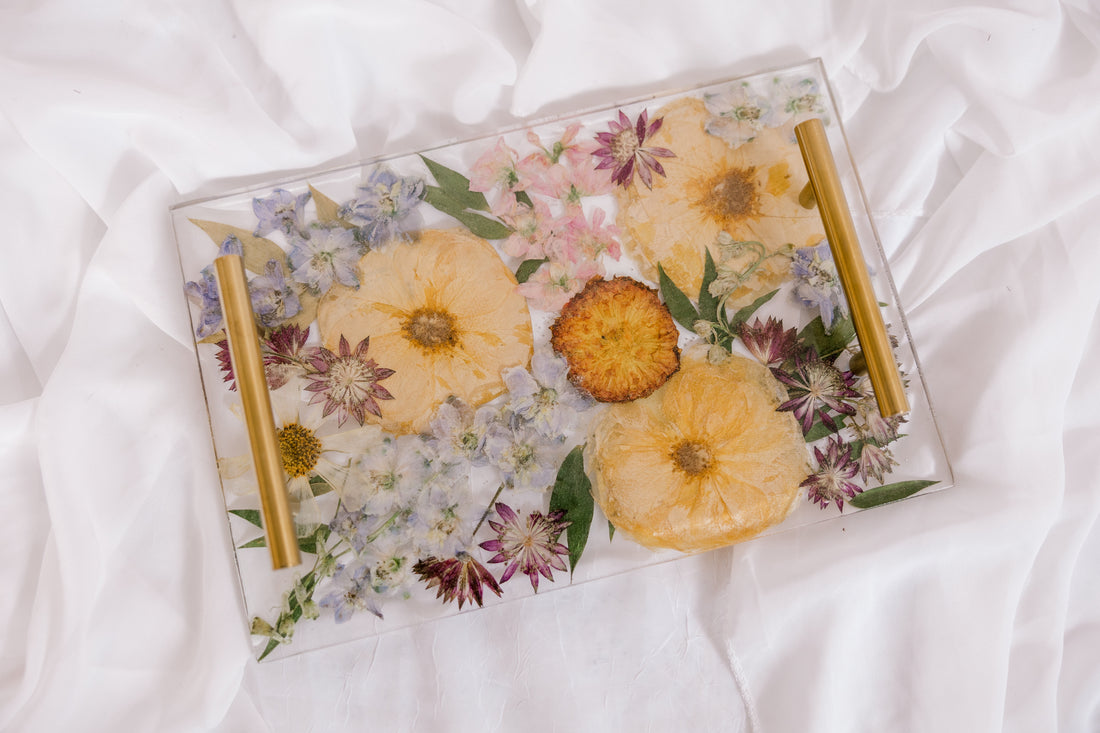 Pre-Made Pressed Flower Resin Serving Tray with Gold handles | 12x8