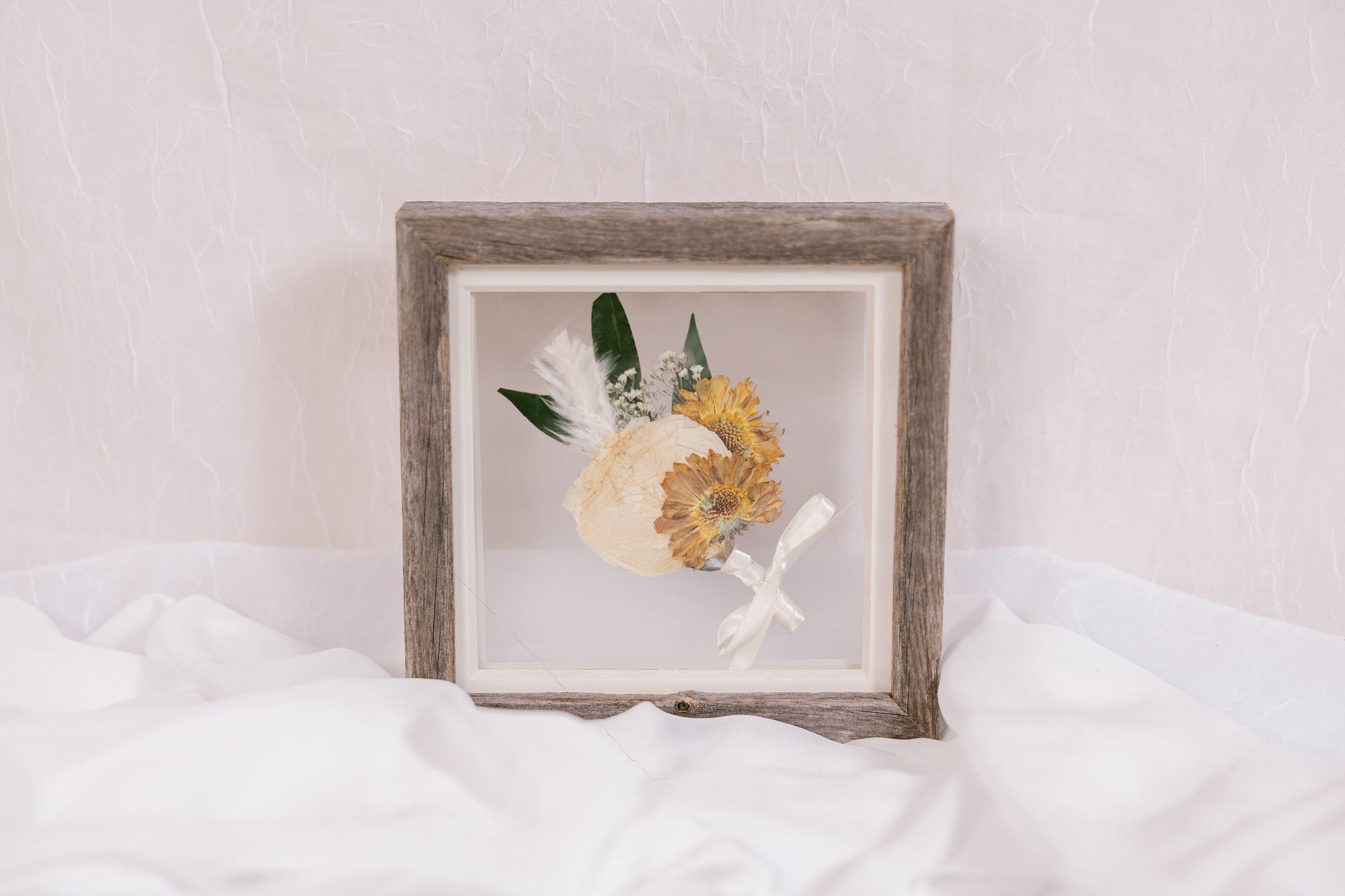 6x6, mini barn wood frame with a pressed boutonniere.