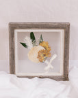 6x6, mini barn wood frame with a pressed boutonniere.