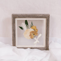 6x6, mini barn wood frame with a pressed boutonniere.