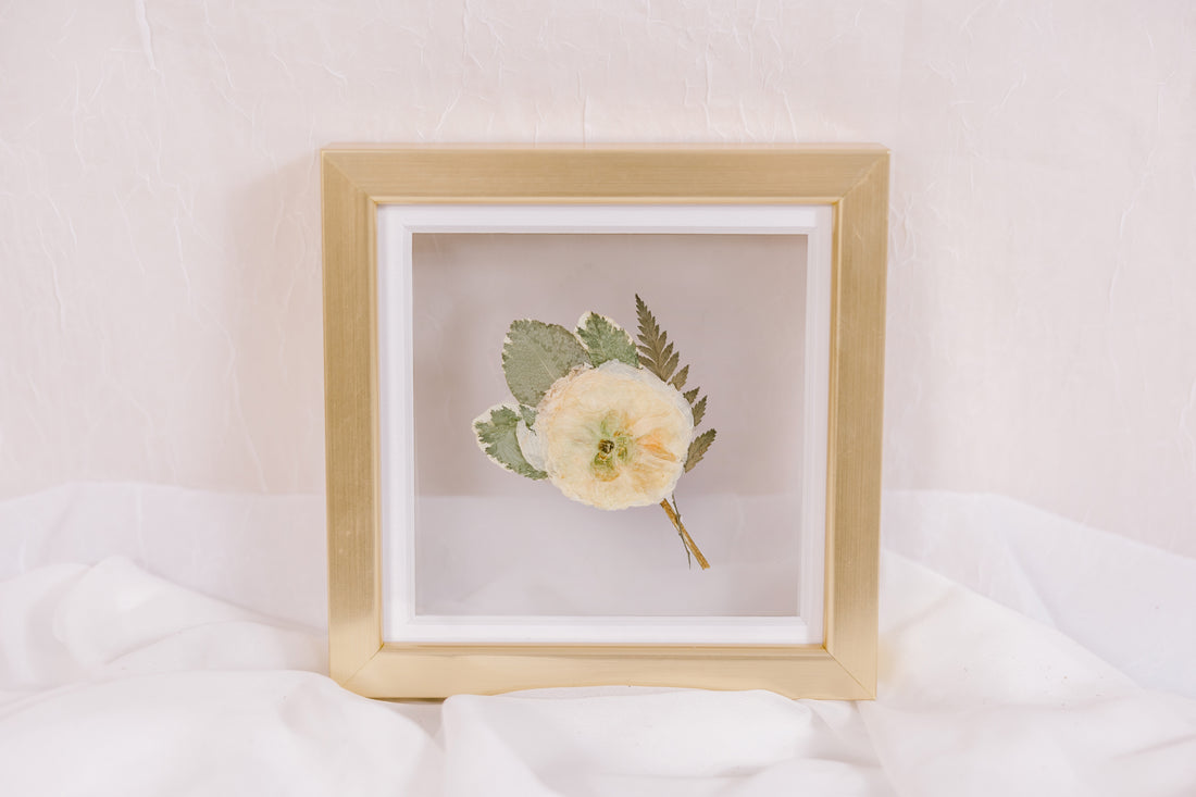 6x6, mini gold wood frame with a pressed boutonniere.