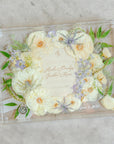 Rectangle pressed flower resin serving tray with gold handles and multiple additions.