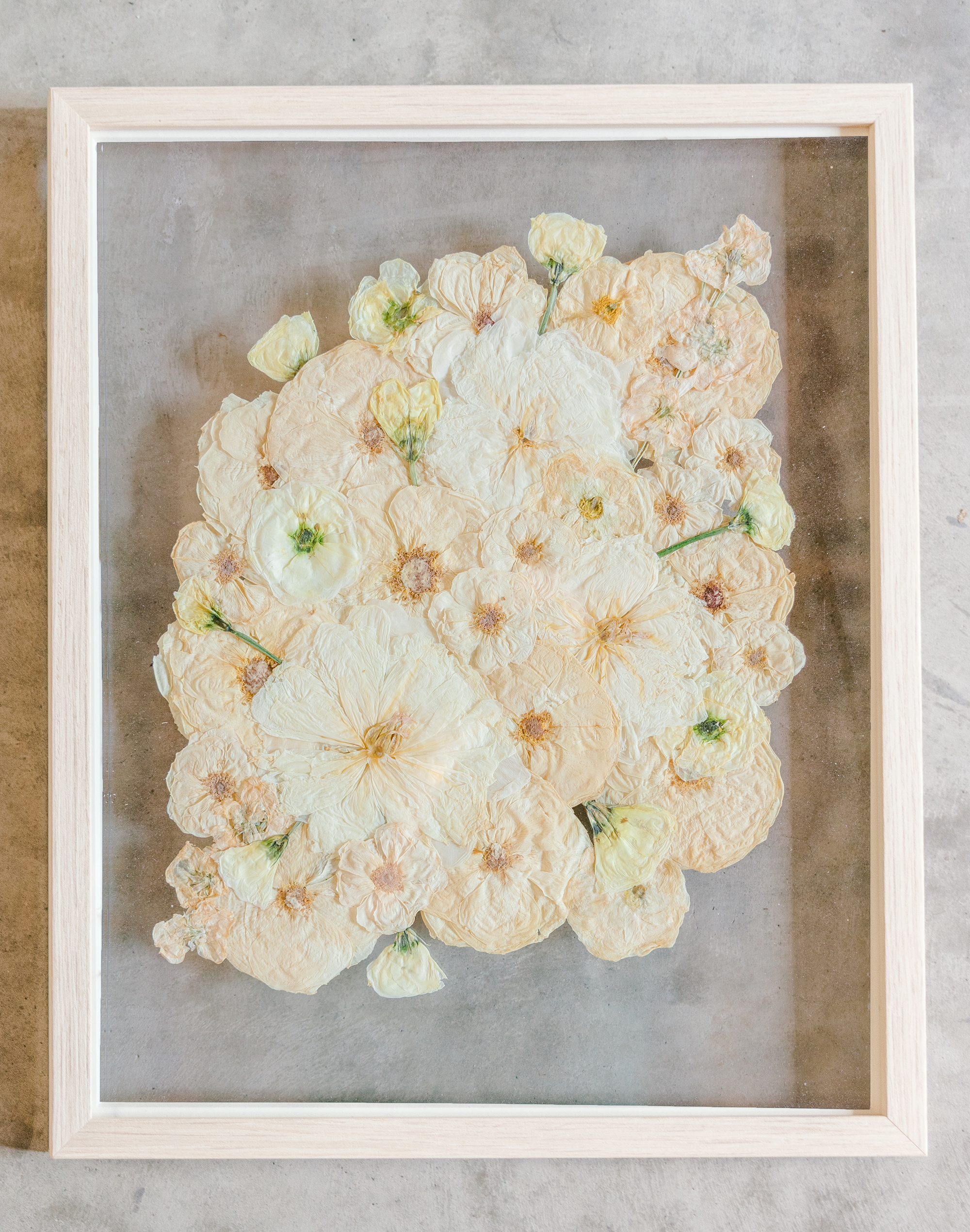 An all white ball bouquet pressed and preserved into a natural wood frame against concrete.