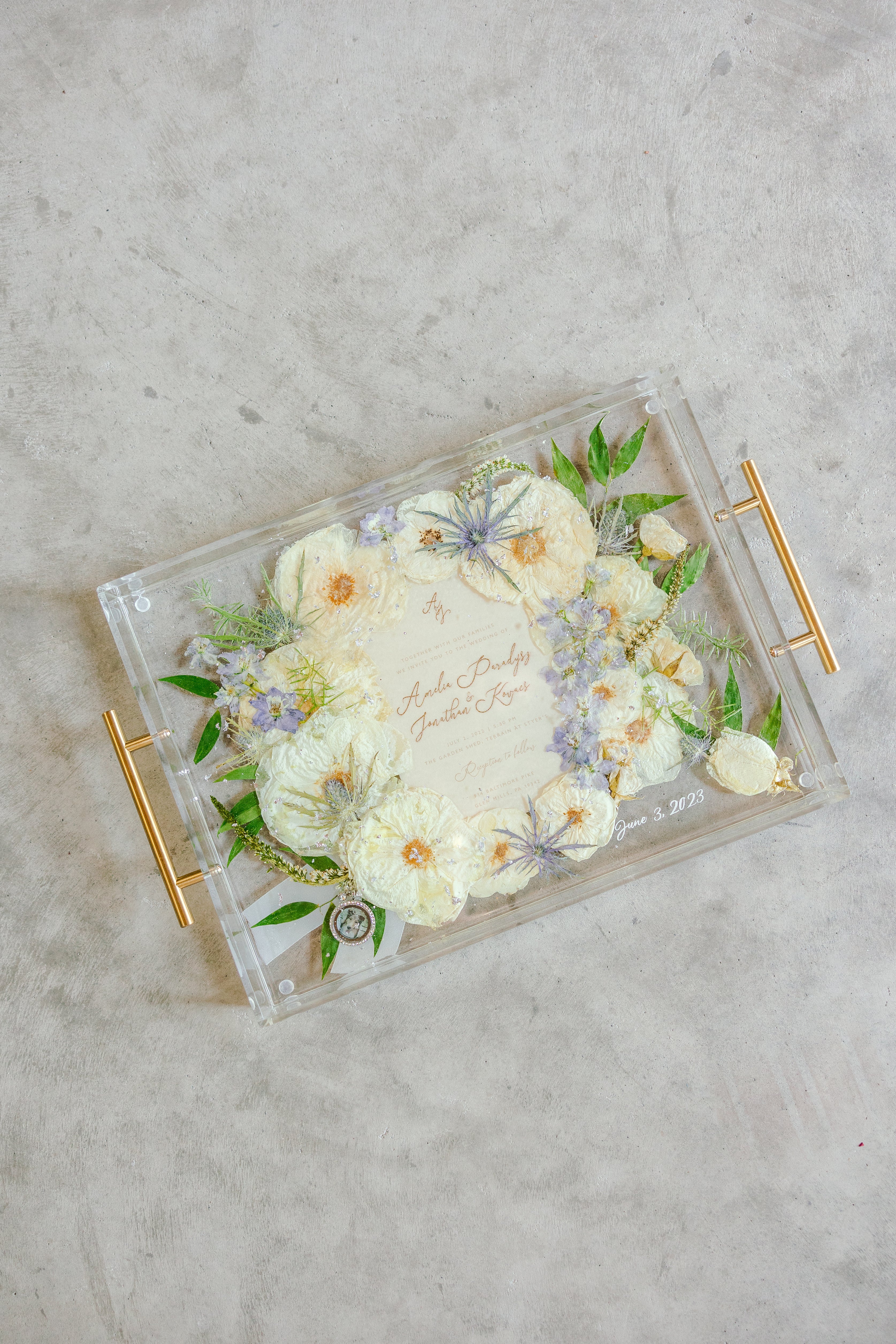 Pressed Flower Resin Serving Tray with Handles | 12x16
