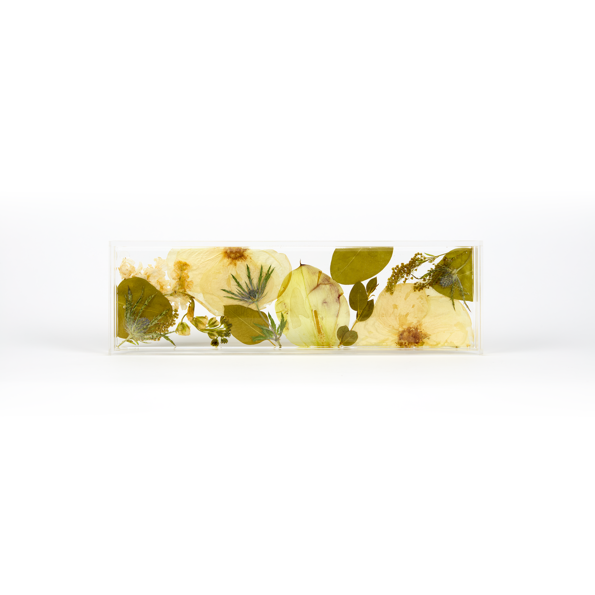 A delicate design of white and green pressed florals in a resin display tray as a part of a wedding bouquet preservation order. 