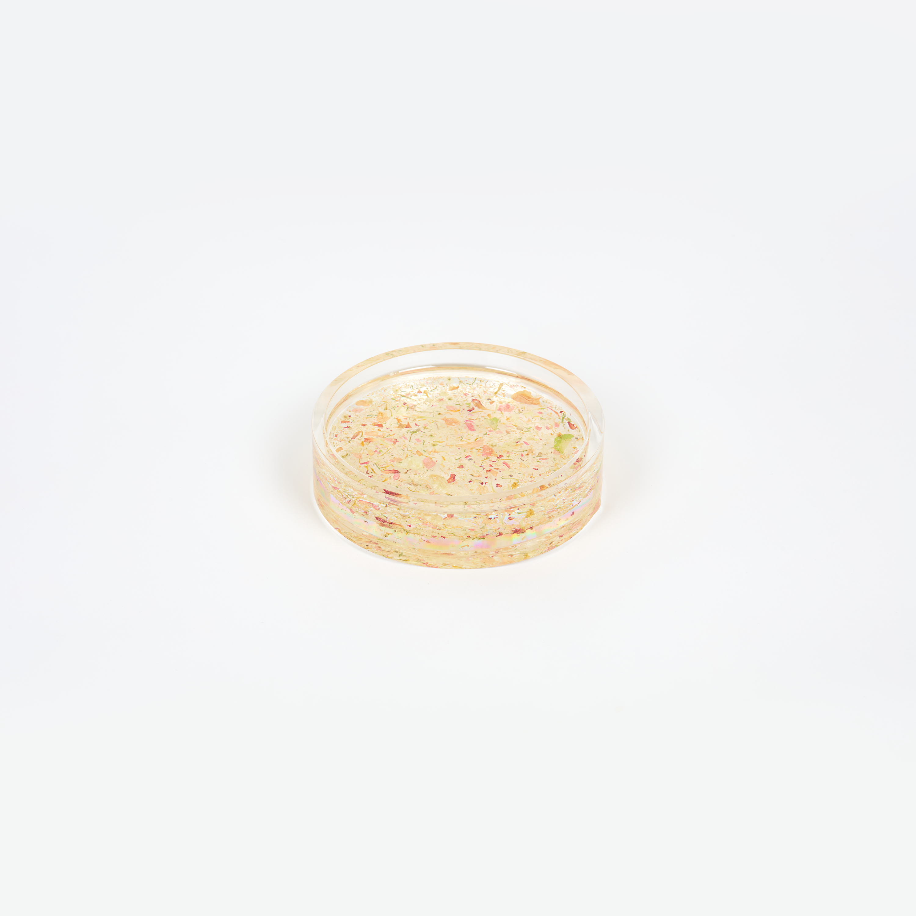 Resin pressed flower ring dish. Catch all dish with pressed flowers. Circle shape. Confetti petal style. 