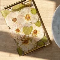 Rectangle resin serving tray with  gold handles.