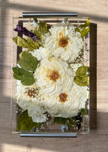 Rectangle resin serving tray with silver handles.