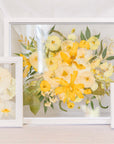 The Gallery Bundle Deal with all white wood frames filled with pressed wedding bouquet flowers