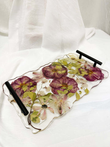 Pressed flower geode serving tray with black handles