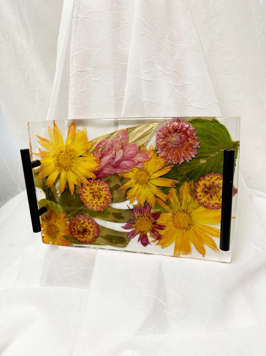 Pressed flower rectangle serving tray with black handles