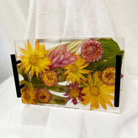 Pressed flower rectangle serving tray with black handles