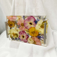 Pressed flower rectangle serving tray with silver handles