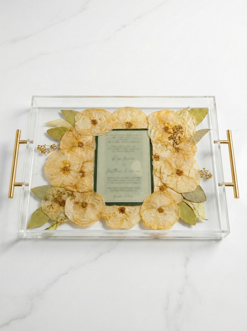 All white rose serving tray with greenery plus an invitation included