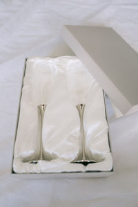 Pair of glass champagne flutes from Element Marketplace, shown in gift box