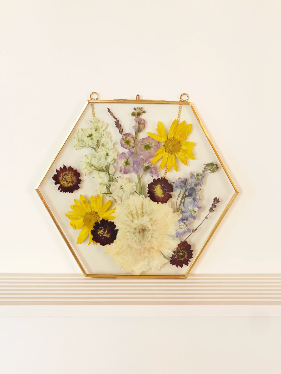 "Sunny Bouquet" Pressed Flower Frame | Gold Hexagon