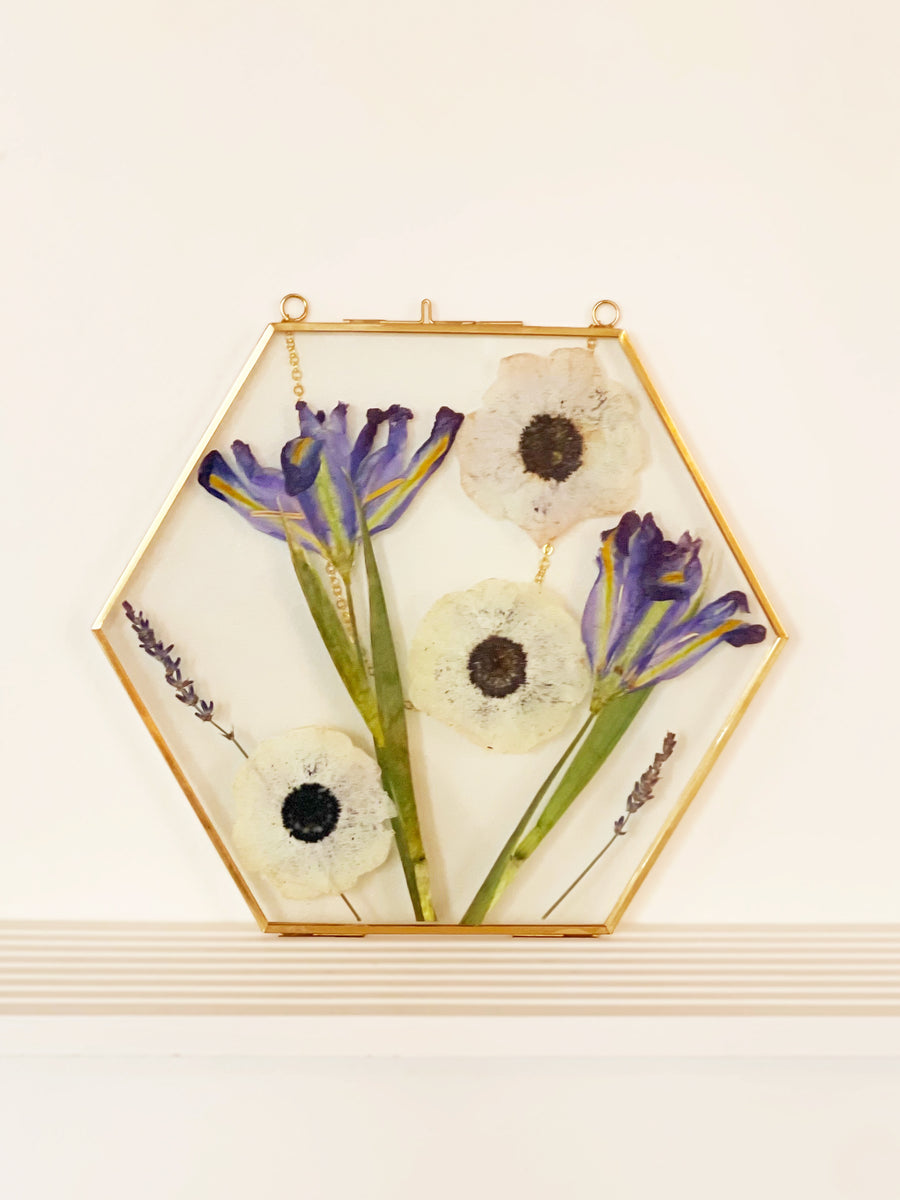 "Shades of Blue" Pressed Flower Frame | Gold Hexagon