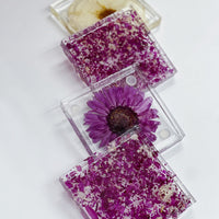 Examples of petal confetti square coasters and pressed flower coasters