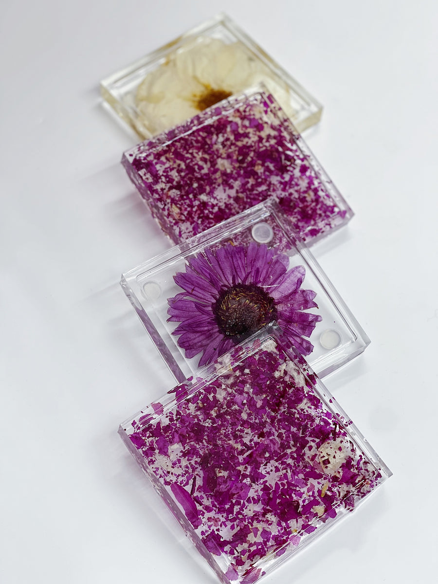 Examples of petal confetti square coasters and pressed flower coasters