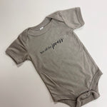 Hot off the press baby onesie in heather olive green