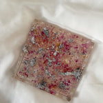 Square petal confetti coaster with silver flakes