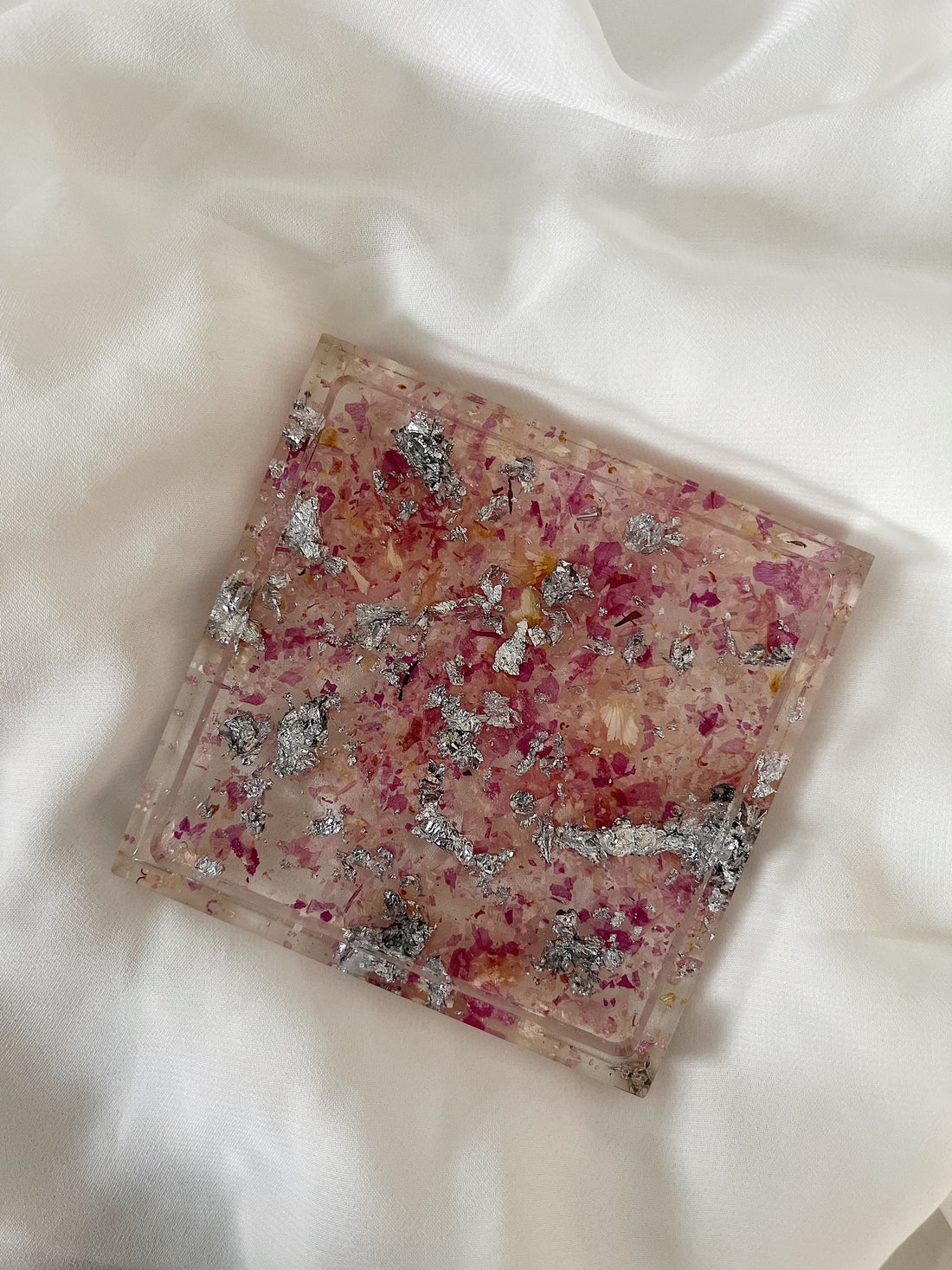 Square petal confetti coaster with silver flakes
