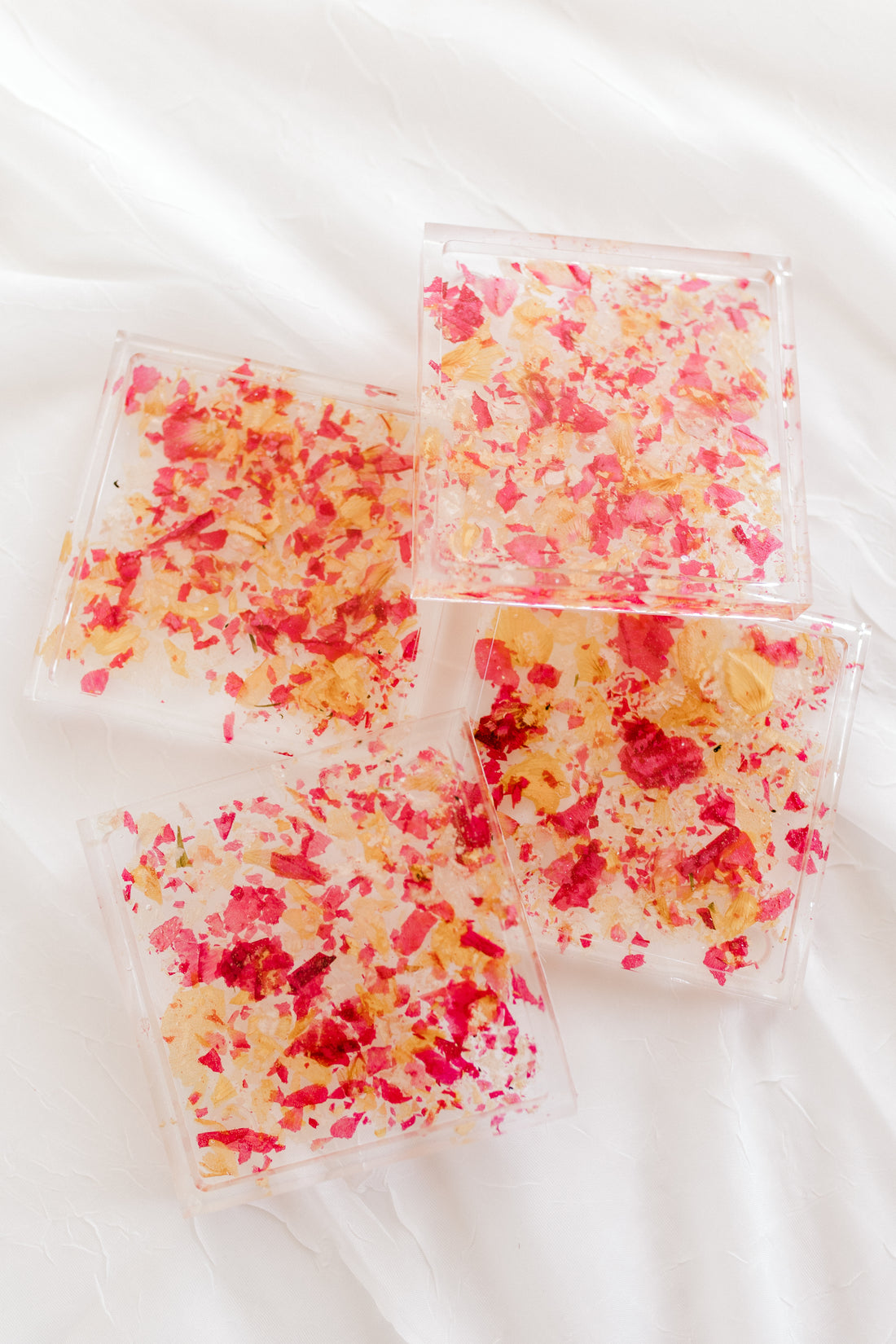 Dried petal confetti square coasters with no metallic flakes