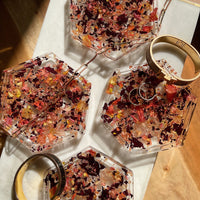 Hexagon petal confetti coasters as a jewelry dish