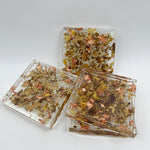 Dried petal confetti square coasters with rose gold metallic flakes