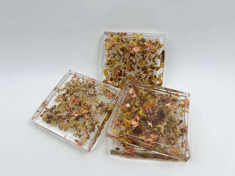 Dried petal confetti square coasters with rose gold metallic flakes