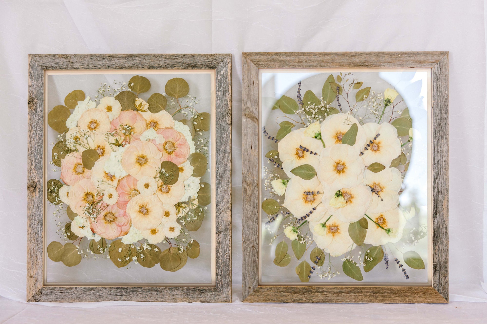 Two pressed wedding bouquets in 16x20" barn wood frames