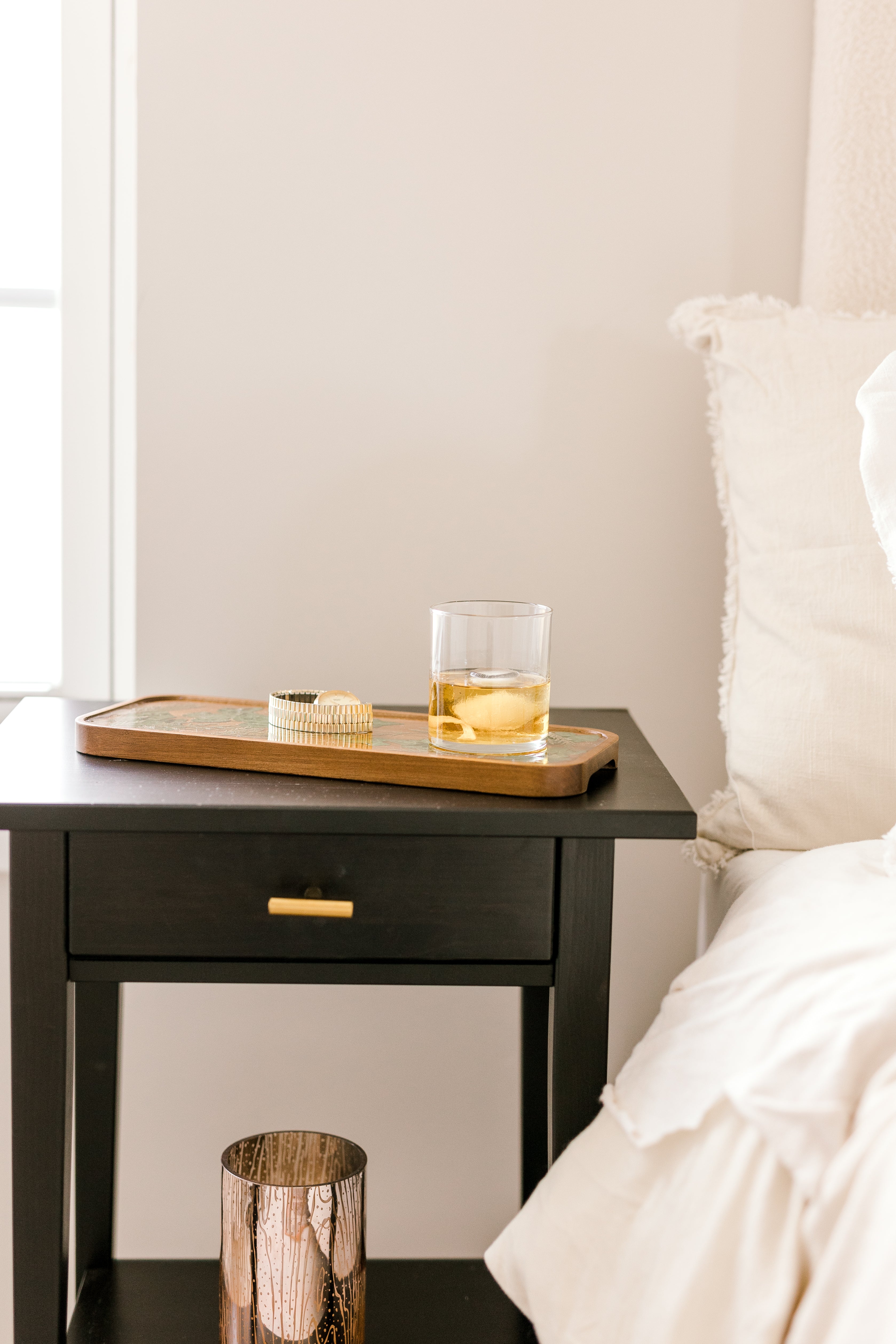 Greenery wooden resin tray on night stand with a whiskey glass and watch