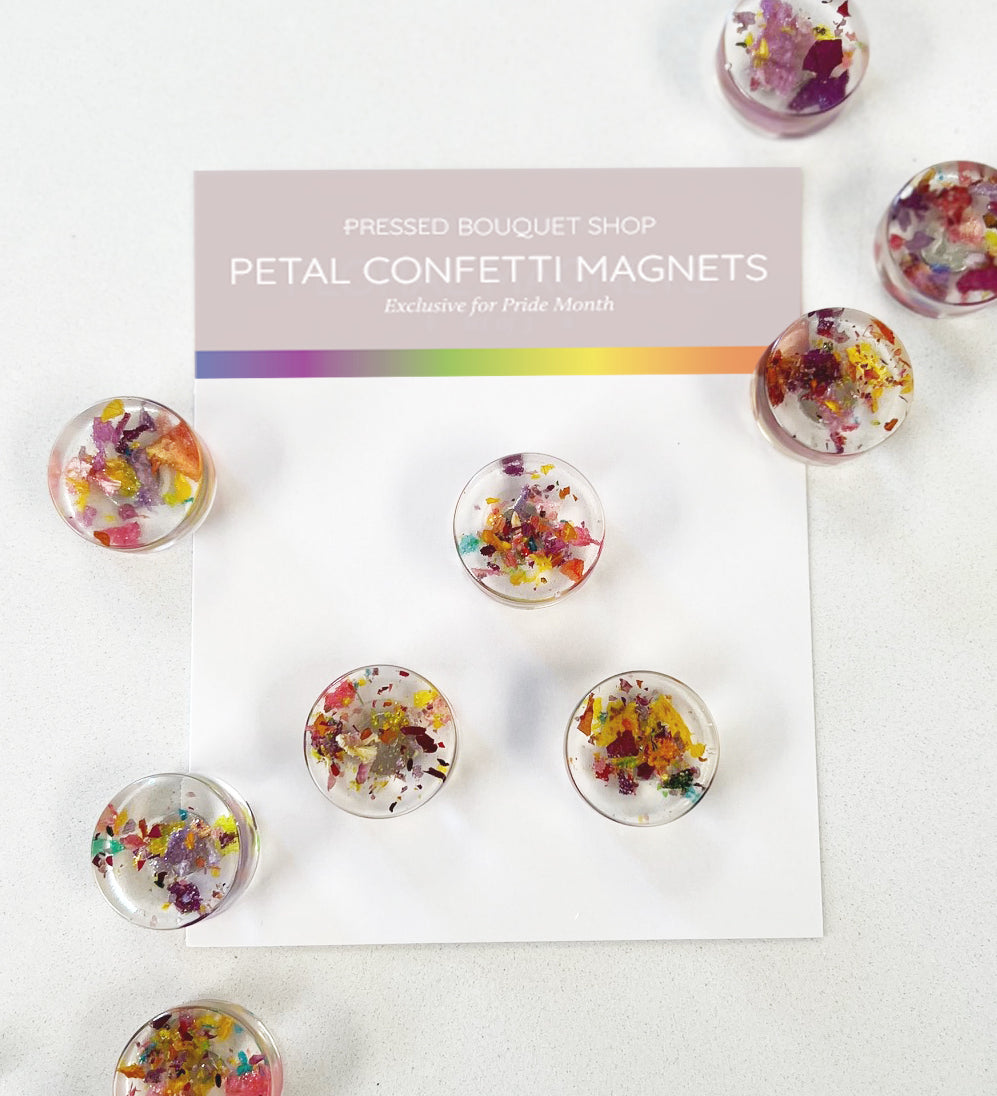 Rainbow-colored petal confetti refrigerator magnets