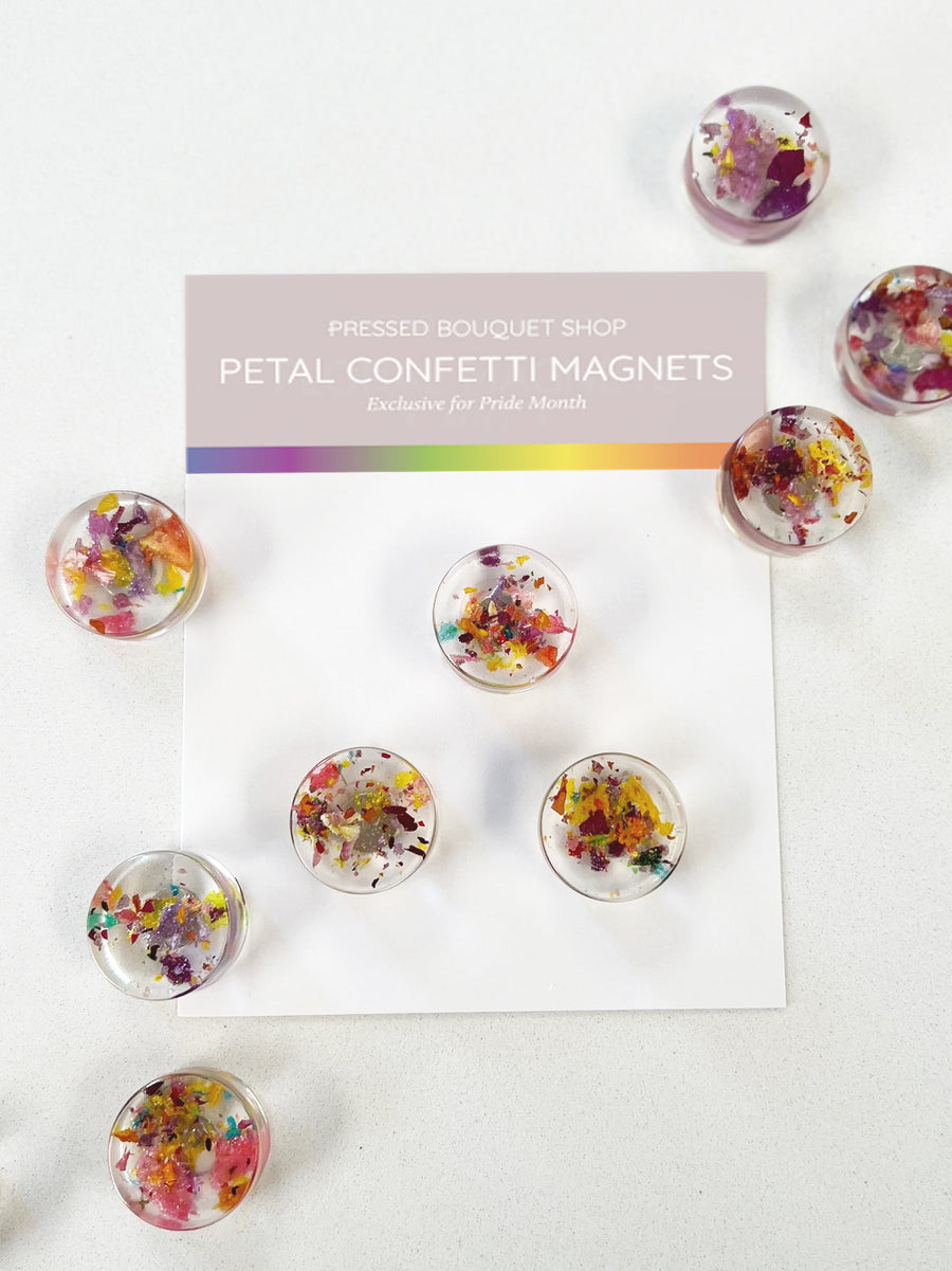 Rainbow-colored petal confetti refrigerator magnets