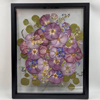 Purple and cool-toned pressed flowers inside two glass panes in a black wood frame