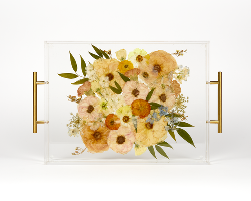 Pressed flower resin serving tray with handles for wedding bouquet preservation