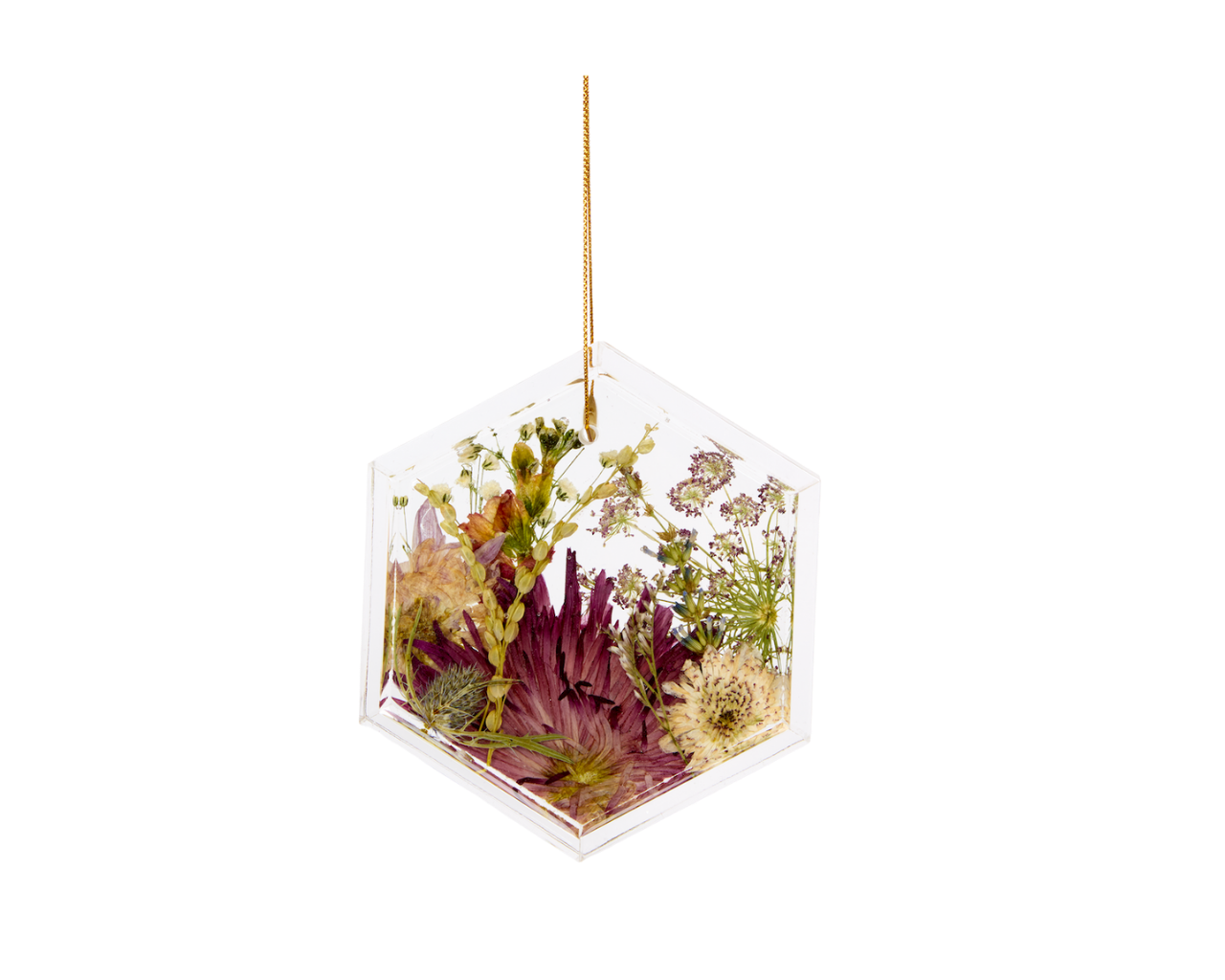 Hexagon shaped pressed flower resin ornament