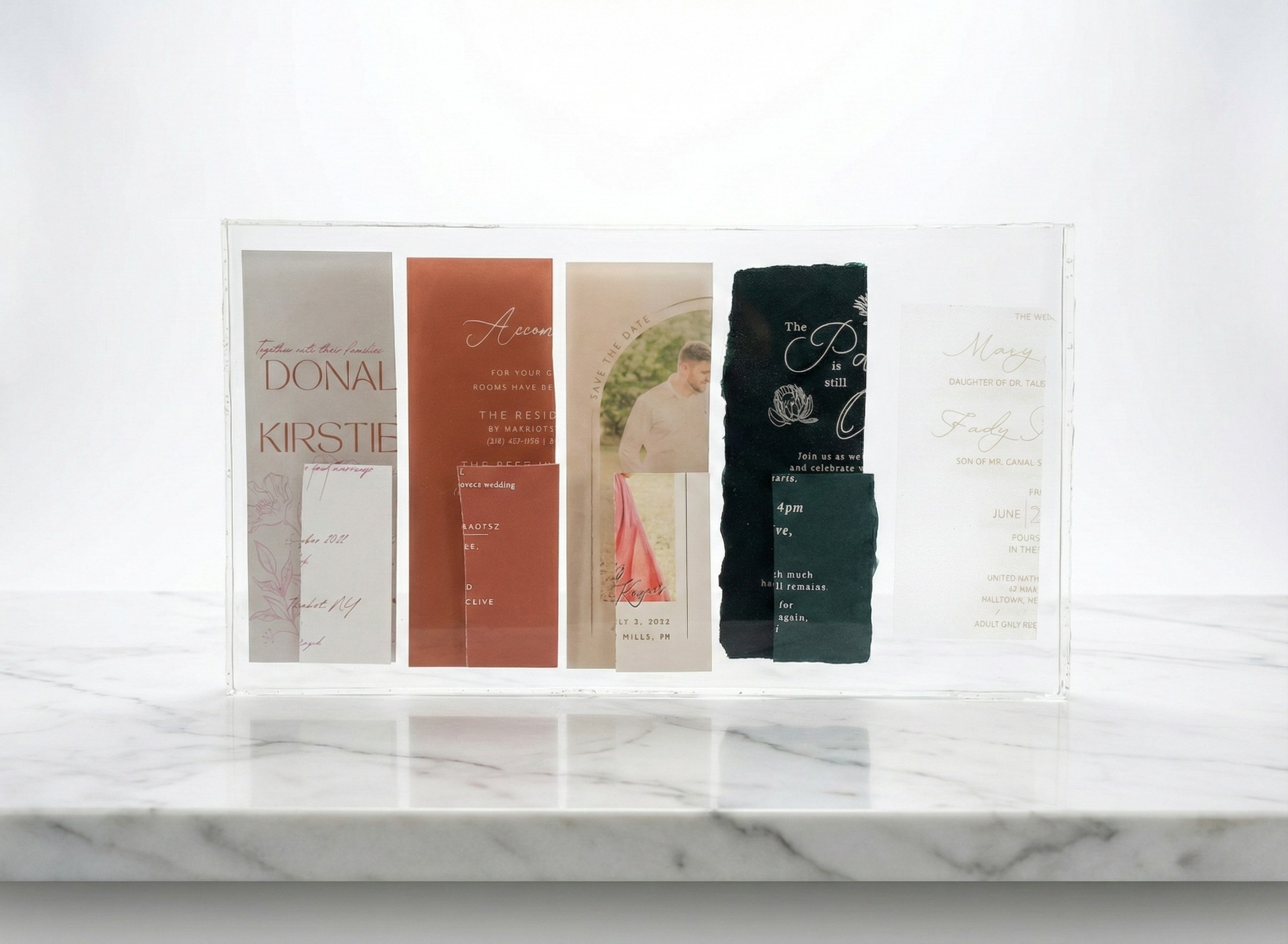 Example of paper products preserved in resin showing natural color changes